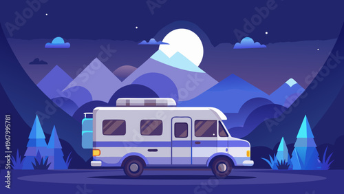 Night Camper Van Flat Vector