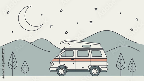 Night Camper Van Flat Vector