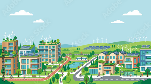 Sustainable Green Smart City with Solar Panels, Wind Turbines, and Eco-Friendly Urban Living Concept