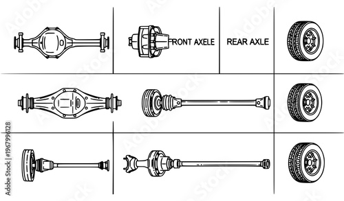 Car Axle Icon Set – 4x4 Wheel Drive Powertrain Vector Collection