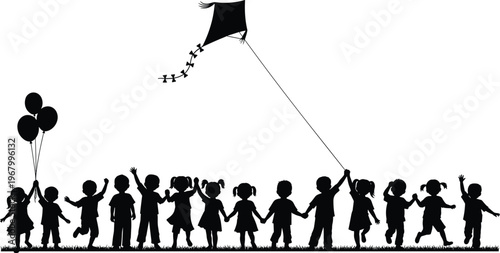 Children silhouettes playing outdoors with balloons and kite, happy kids holding hands in park, childhood fun and freedom concept isolated on white background for lifestyle design