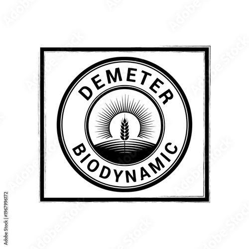 Demeter Biodynamic Certification Round Badge Black Wheat Grain Sun Symbol Organic Farming Label Vector Illustration
