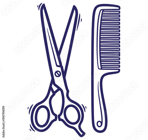 Vector illustration of barber tools including scissors and comb isolated on white background