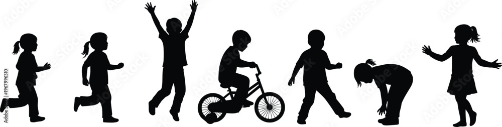Obraz premium Children silhouettes collection showing playing, running, jumping, cycling, and walking poses, kids activity illustration isolated on white background for education, parenting, and lifestyle design
