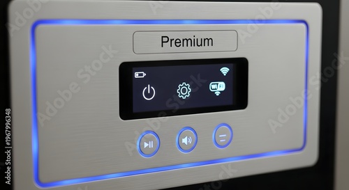 Sleek modern electronic device control panel with illuminated buttons and bright digital display indicating premium features