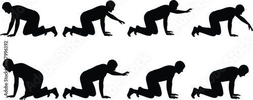 Crawling human silhouette sequence showing movement progression, person on hands and knees poses, motion study collection isolated on white background for fitness, medical, and animation reference