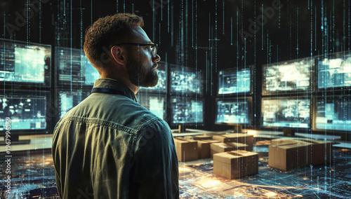 Focused man monitors complex digital screens in a secure data center room with glowing network connections and falling data streams indicating advance