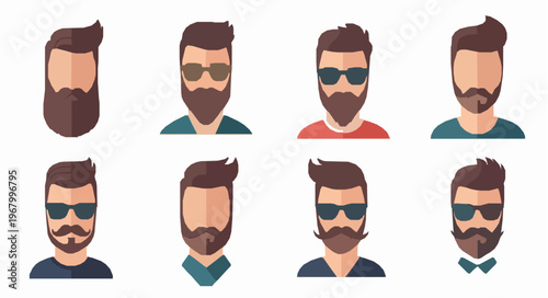Bearded hipster men faces vector set hairstyle beard icons EPS10 isolated on white