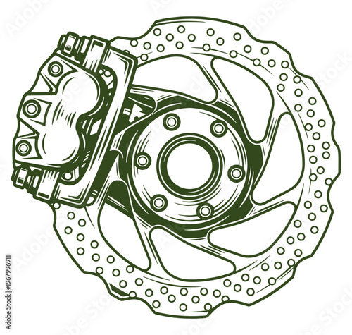 Brake disc and caliper assembly for motorcycle or bicycle  detailed technical drawing