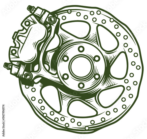 Brake disc with caliper motorcycle part closeup illustration
