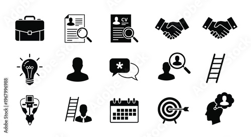 Black silhouette icons representing career recruitment and professional development concepts