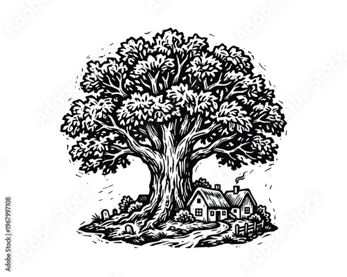 Ancient tree, rustic homes, weathered gravestone, detailed linocut art, rural scene