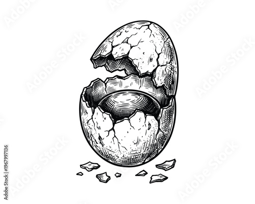Antique cracked egg, hatched texture, stone effect, ancient artifact, illustration.