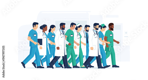 Diverse Medical Professionals Walking in Line.