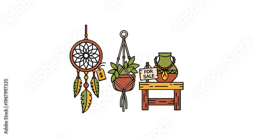 Dreamcatcher and Potted Plants on Table.