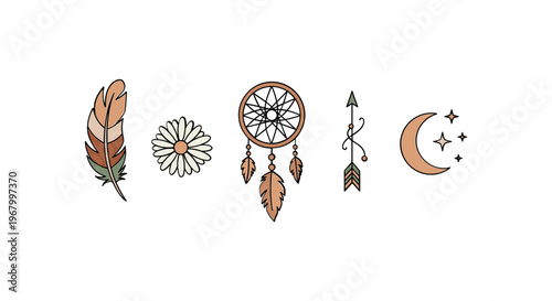 Dreamcatcher Feathers Arrows Moon Boho Symbols.