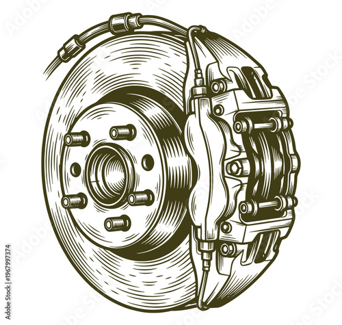 car brake rotor with caliper isolated on white background