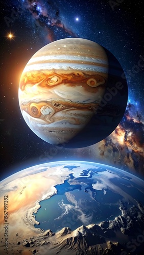 A large, striped planet floats above a partially visible, blue and brown planet against a star-filled background. Space, light, colors