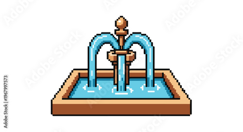 A pixel art illustration of a classical stone fountain with blue water splashing into a rectangular basin on a white background.