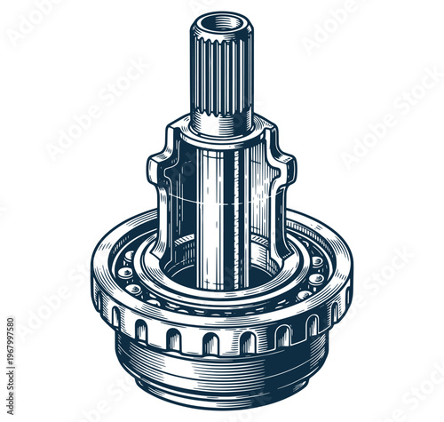 detailed drawing of a mechanical gear component with shaft and ridged cylinder