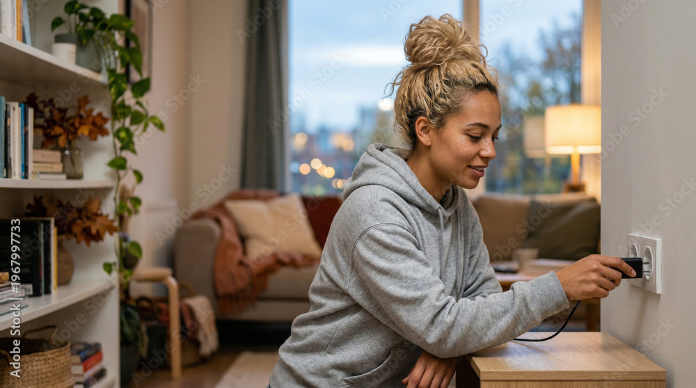 Fototapeta premium Young woman using power cord in living room at home