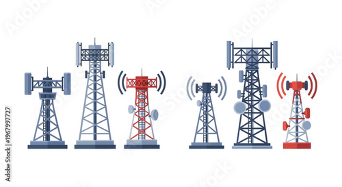 Illustration of various cellular towers and communication masts in a flat design