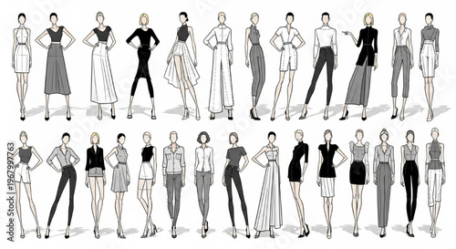 Fashion Croquis Illustration Stylized Female Male Figures Vector Body Template Design Set