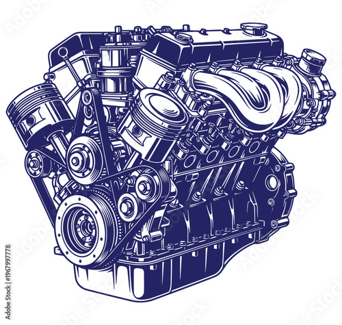 Detailed illustration of a car engine with various mechanical components