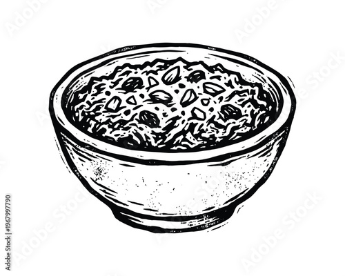 Black and white hand drawn oatmeal bowl sketch. Breakfast cereal with fruit nuts seeds.