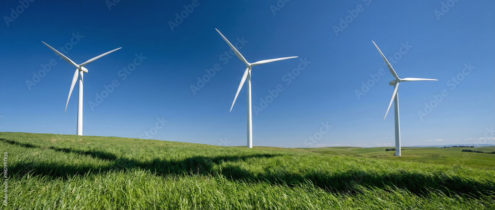 Fototapeta premium Wind turbines stand tall in a green field under a bright blue sky, generating clean energy in the countryside