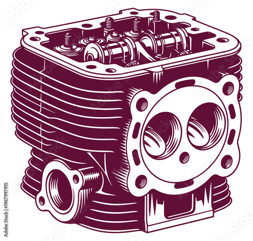 Detailed illustration of a motorcycle engine block with cylinder head and piston