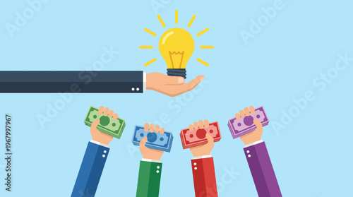 This illustration depicts a hand holding a light bulb over raised hands with cash, symbolizing innovative ideas and investment, representing creativity and financial support in entrepreneurship.