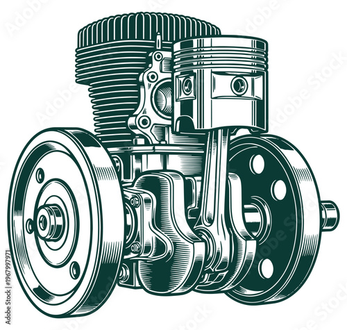 Detailed illustration of a motorcycle engine with cylinder and crankshaft components