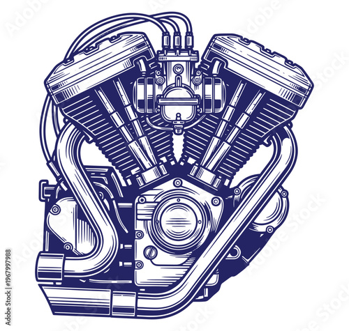 Detailed illustration of a motorcycle engine with cylinders and exhaust pipes