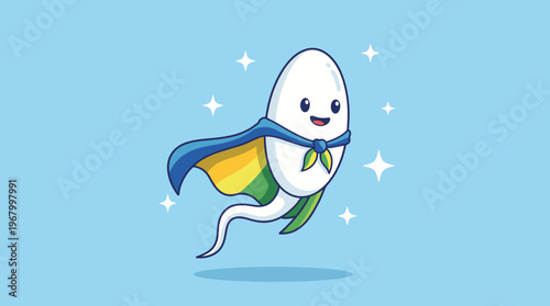 A cute ghost character dons a cape and flies through a blue sky, sparkling with joy and playfulness while expressing the spirit of adventure in a whimsical and enchanting way.