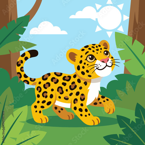 A lively leopard cub walks playfully through a bright and vibrant jungle filled with lush greenery and sunshine, embodying the essence of wildlife curiosity and adventure.