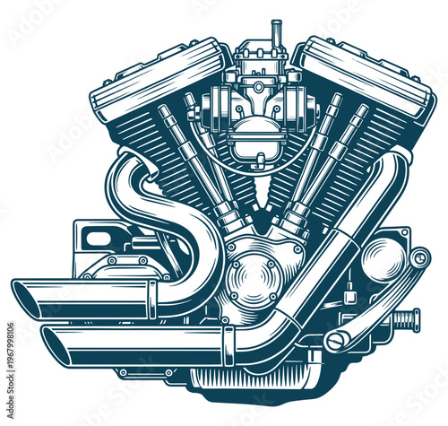 Detailed illustration of a motorcycle engine with visible cylinders and exhaust pipes