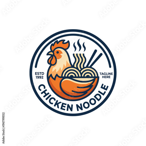 A colorful logo featuring a stylized chicken alongside a bowl of noodles, emphasizing warmth and deliciousness for a restaurant established in 1992.