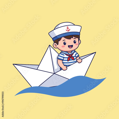 A playful illustration showcasing a cheerful boy dressed in sailor attire riding a paper boat on a wave, capturing the joy and whimsy of childhood adventures.