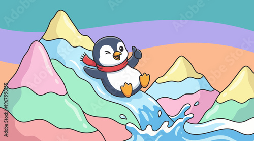 A cheerful illustration of a penguin sliding down colorful ice mountains, expressing joy and fun, making it perfect for children’s themes and holiday graphics.