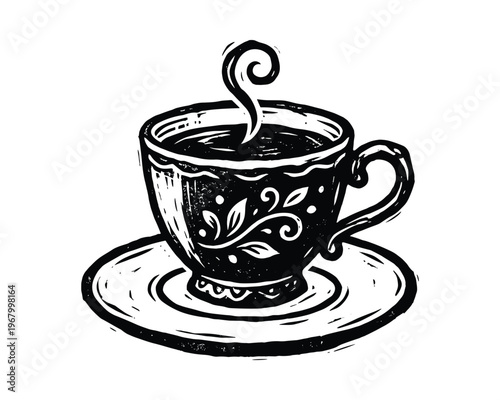 Black and white hand drawn sketch of hot beverage cup with decorative pattern and steam.