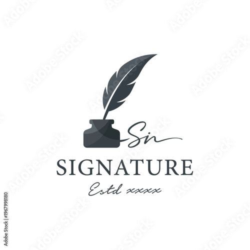 A sophisticated logo design featuring a quill pen and inkwell, symbolizing elegance, writing, and artistry, perfect for businesses in the creative and literary fields.