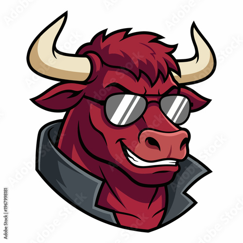 A playful illustration of a confident red bull character wearing sunglasses and a black jacket, conveying charisma, strength, and a modern artistic flair.