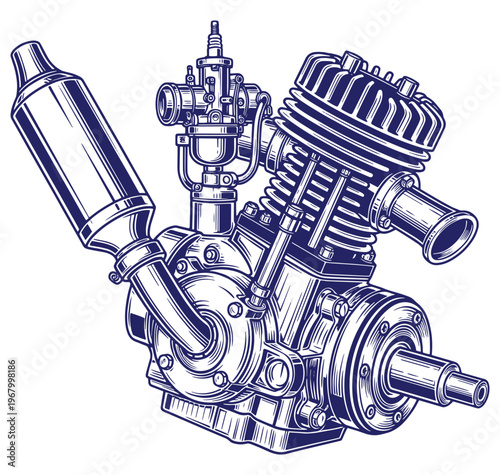 Detailed illustration of a vintage motorcycle engine with silencer and cylinder