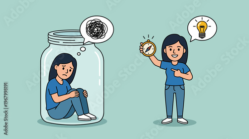 An engaging illustration depicting two sides of a person: one trapped in a jar with anxiety, and the other showcasing clarity, guidance, and vibrant thinking, inspiring transformation.