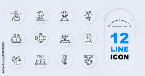 Awards and achievement set icon. Winner person, trophy cup, global award, medal star, prize money, first place badge, diamond reward, star trophy, gift reward, podium ranking, medal ribbon