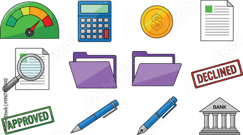 Business and Finance Icons Set Featuring Approved, Declined Stamps, Calculator, Magnifying Glass, and Bank Symbols