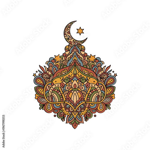 Intricate Islamic Pattern with Crescent Moon Star.
