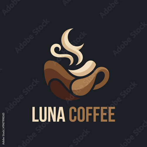 A stylish coffee cup showcases rising steam and elegant swirls, representing comfort and relaxation, while the 'Luna Coffee' branding adds a touch of sophistication to the imagery.