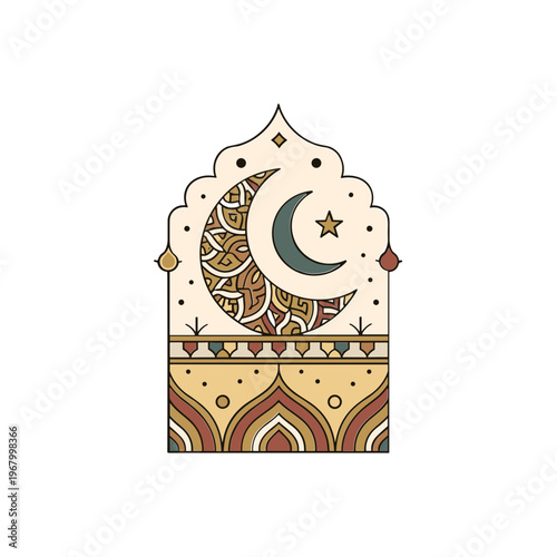 Islamic Crescent Moon and Star Symbol Design.